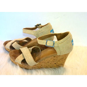 Toms Beige Canvas Cork Wedge Sandals Closed Heel Ankle Strap Women Size 8.5W